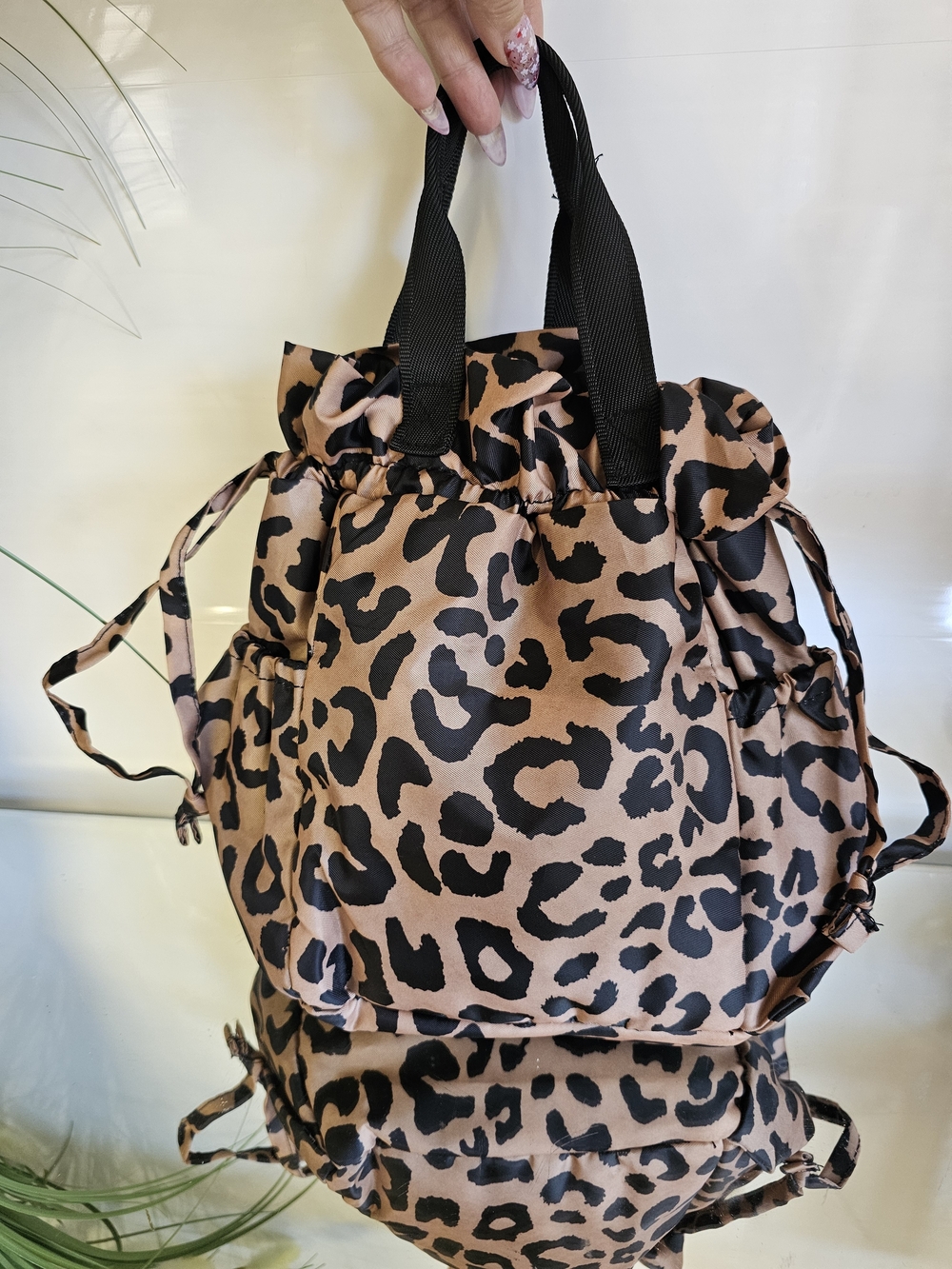 Leopard Print Drawstring Lunch Cooler Bag - Brown/Black